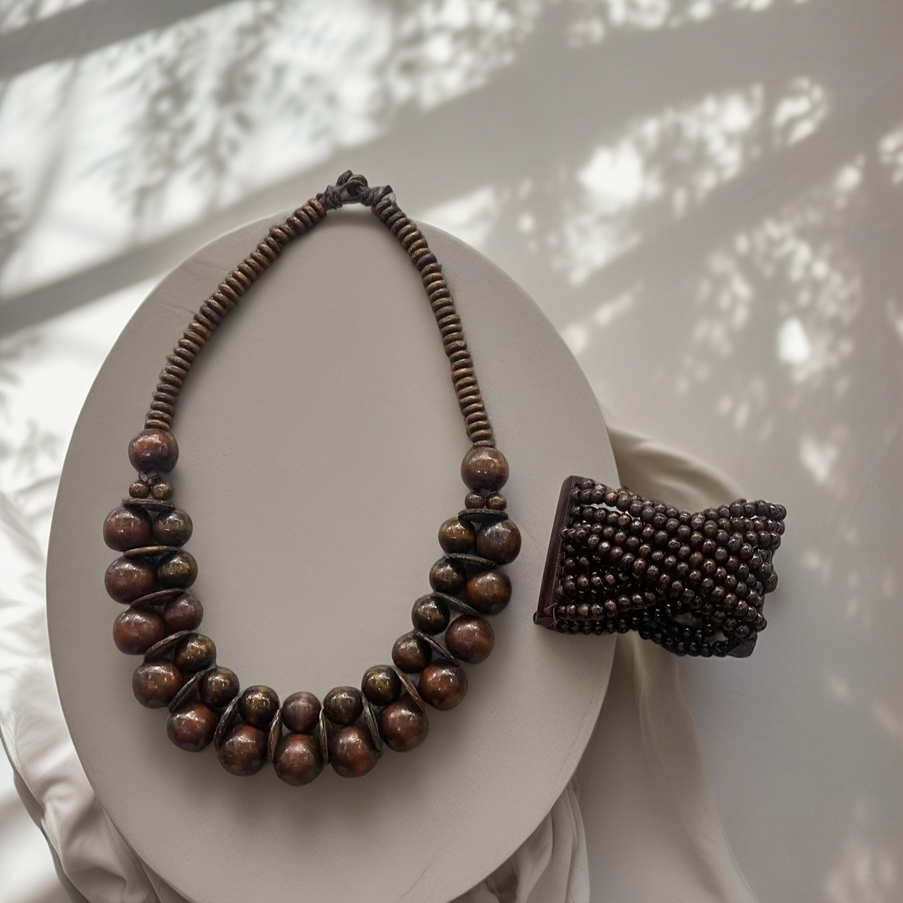 Ethnic Style Brown Bead Necklace and Bracelet Set
